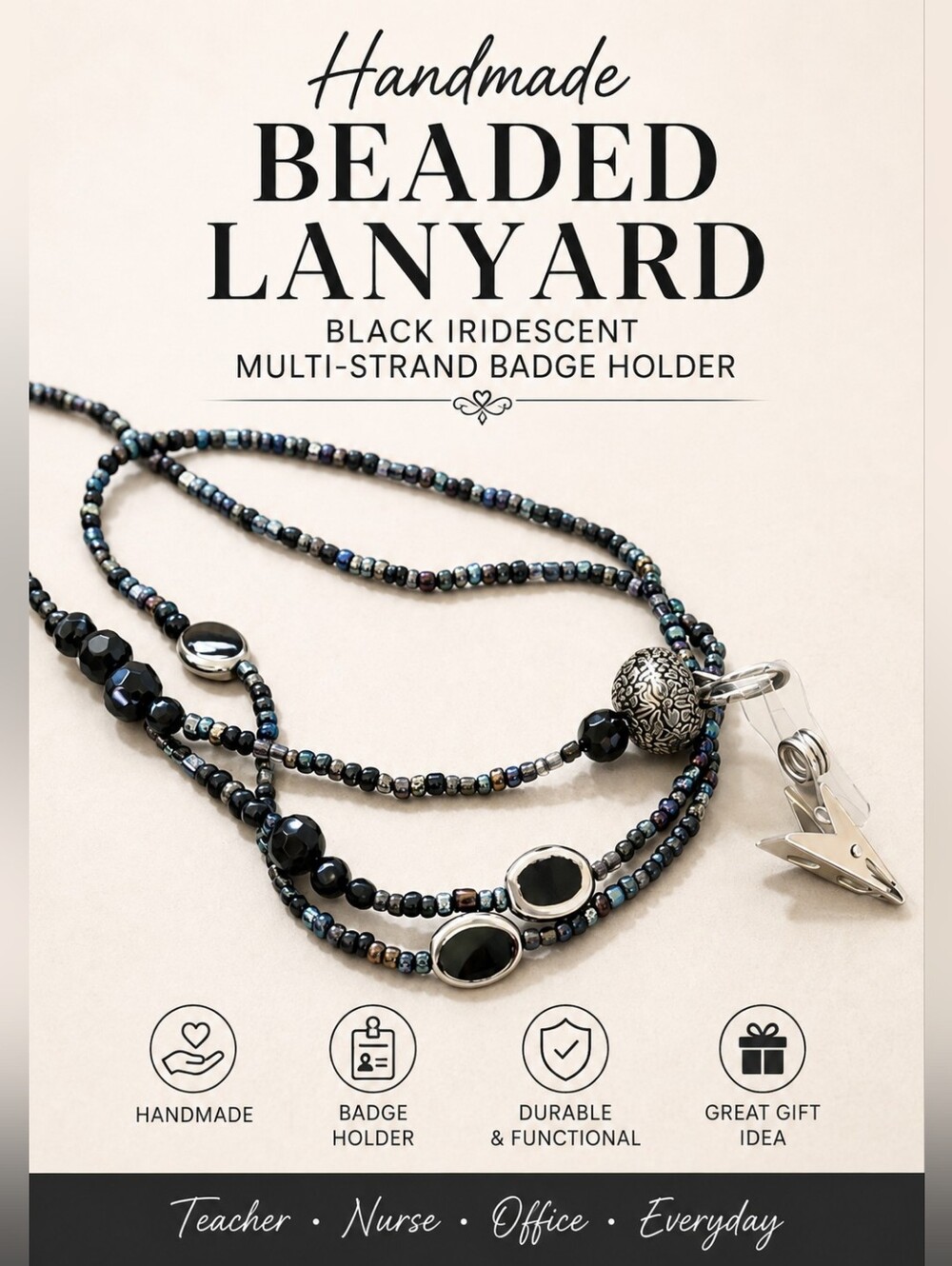 Handmade Beaded Lanyard | Black Iridescent Multi-Strand Badge Holder